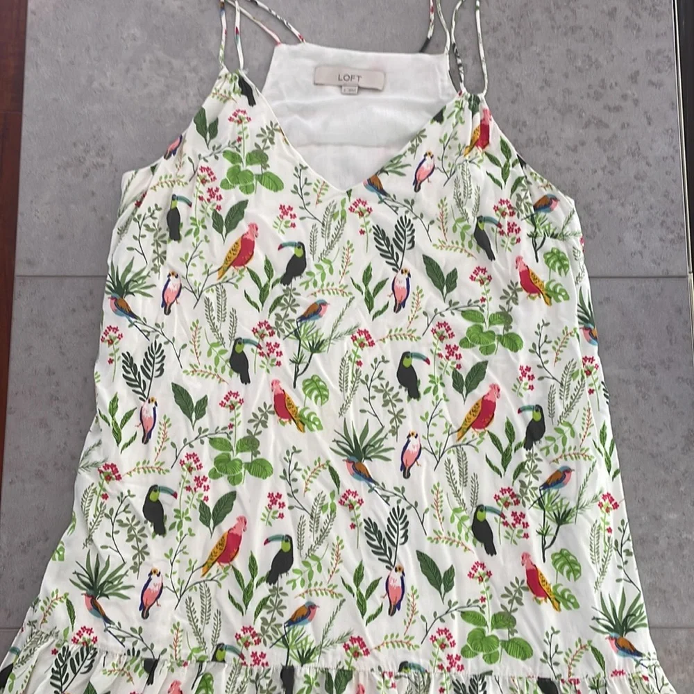 LOFT Jungle Birds Tropical Print Ruffle Double Strap Lined Dress Cover Up size S - Picture 4 of 11